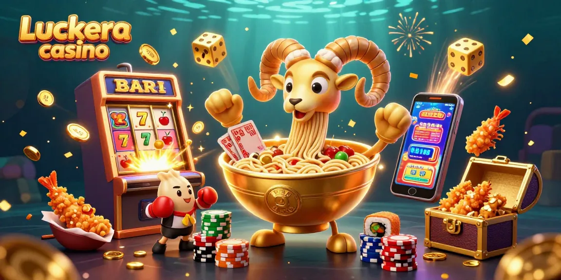 Experience the excitement of Luckera casino with a vibrant 3D illustration featuring animated culinary casino characters.