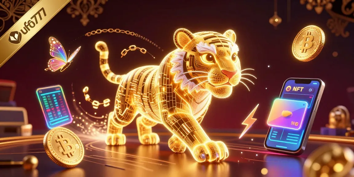 Experience ufo777 with vibrant 3D casino elements showcasing crypto symbols and a neon tiger.