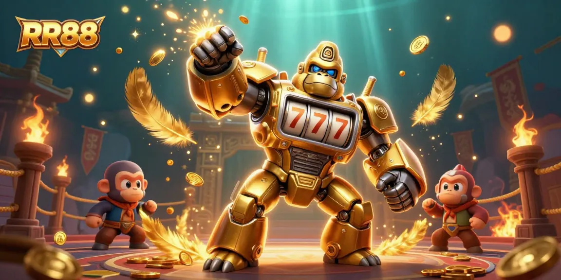 Engage in thrilling gameplay at RR88 with a powerful gorilla mech and vibrant casino elements.