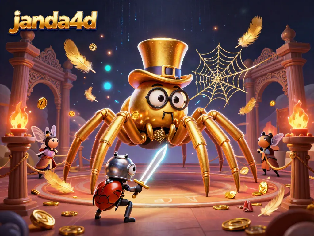 Gambar ilustrasi digital janda4d menampilkan tarantula emas dan ksatria beetle di arena permainan.