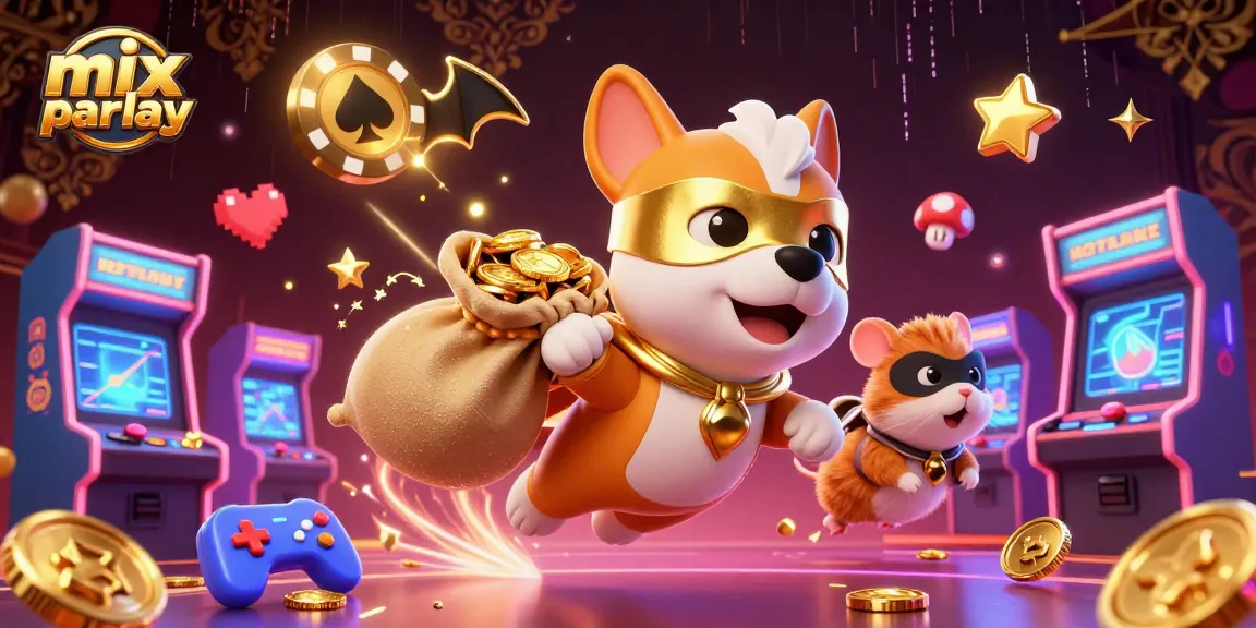 Engage in mix parlay bets with a dynamic illustration of a superhero dog and sidekick amidst casino-themed elements.