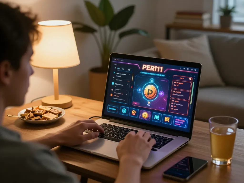 Engaging in the PERI11 online casino experience with a vibrant gaming interface in a cozy living room setting
