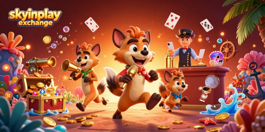 Engage in the vibrant world of skyinplay exchange with hyenas in a colorful casino scene, showcasing gaming and fun.