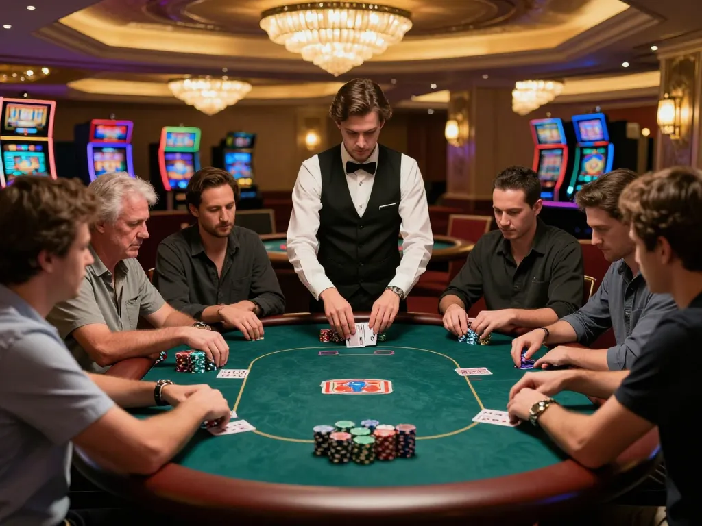 Players engaged in an intense poker game at TR88 casino under warm ambient lighting.