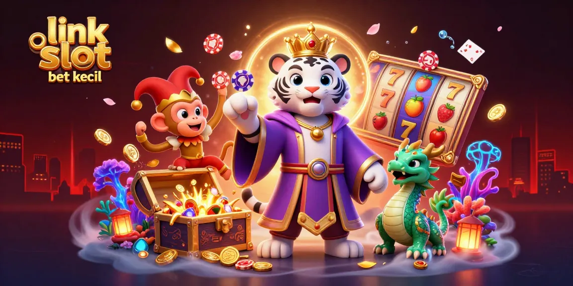 Engage with exhilarating link slot bet kecil as a royal white tiger oversees playful gaming, surrounded by vibrant 3D elements.