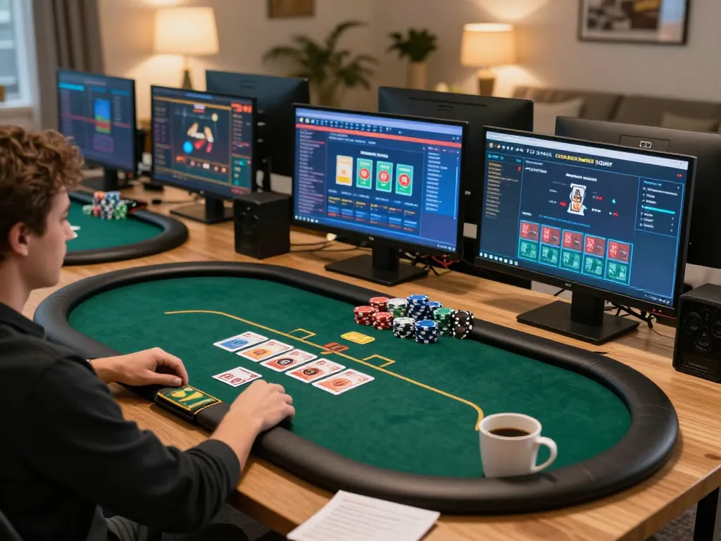Player engages in strategic online poker at RR88, showcasing a cozy setup with multiple screens