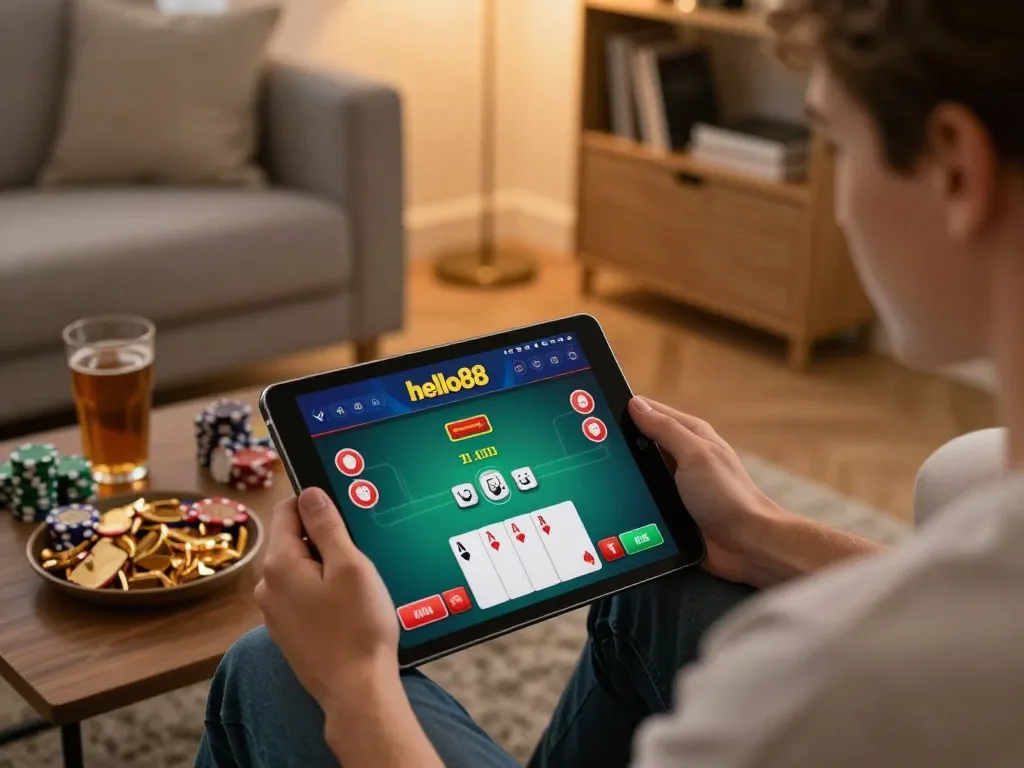 Play poker at hello88 app on tablet while relaxing at home, showcasing engaging gameplay.