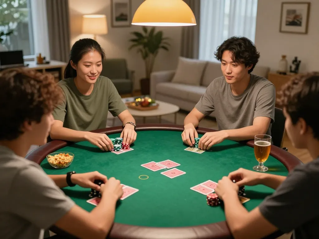 MPO08 gaming friends enjoying poker in a cozy home setting with chips and cards.