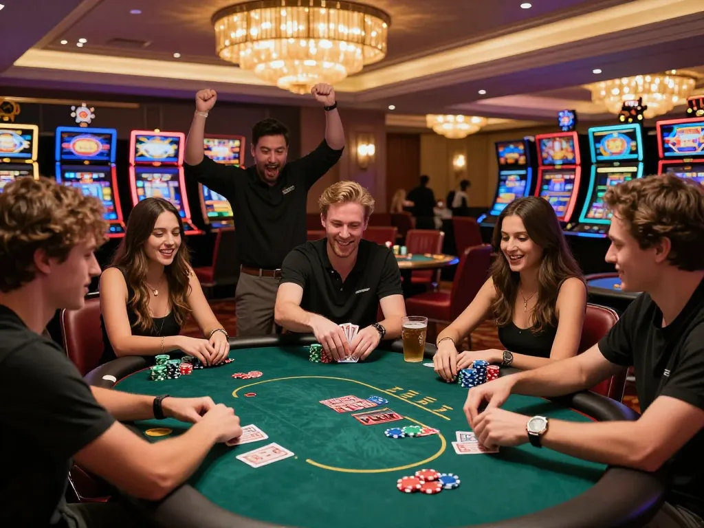 Exciting casino scene with friends enjoying sultan88 poker game at vibrant table.