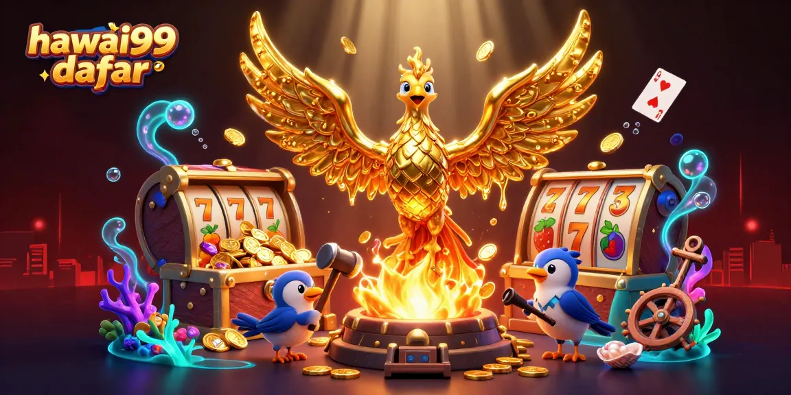 Experience hawai99 daftar with a vibrant scene of a golden phoenix and dynamic casino elements.