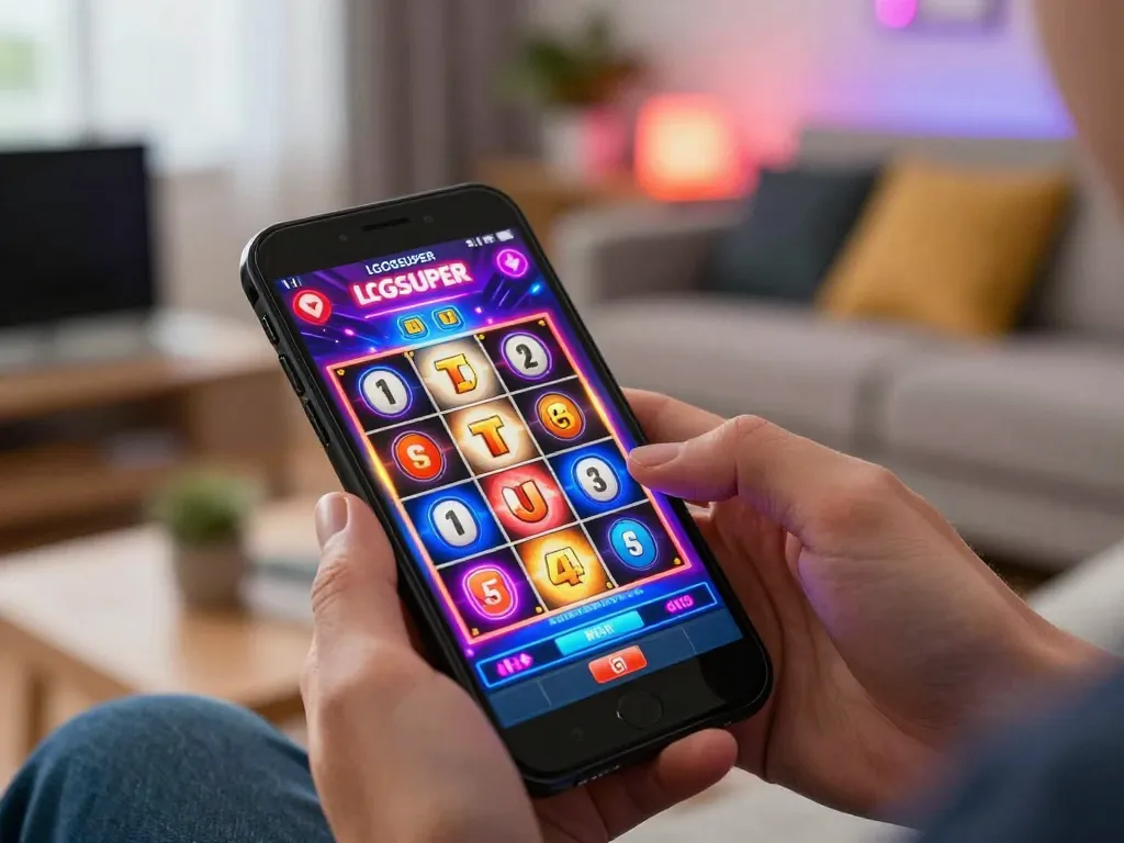 Player enjoying the LGOSUPER casino app on their smartphone in a cozy home setup.