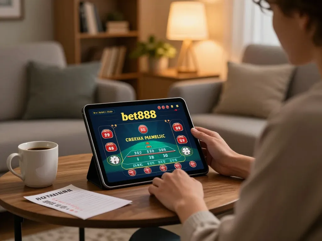 Engaged player strategizing on bet88 game from cozy living room setup, showcasing a relaxing online gambling atmosphere.