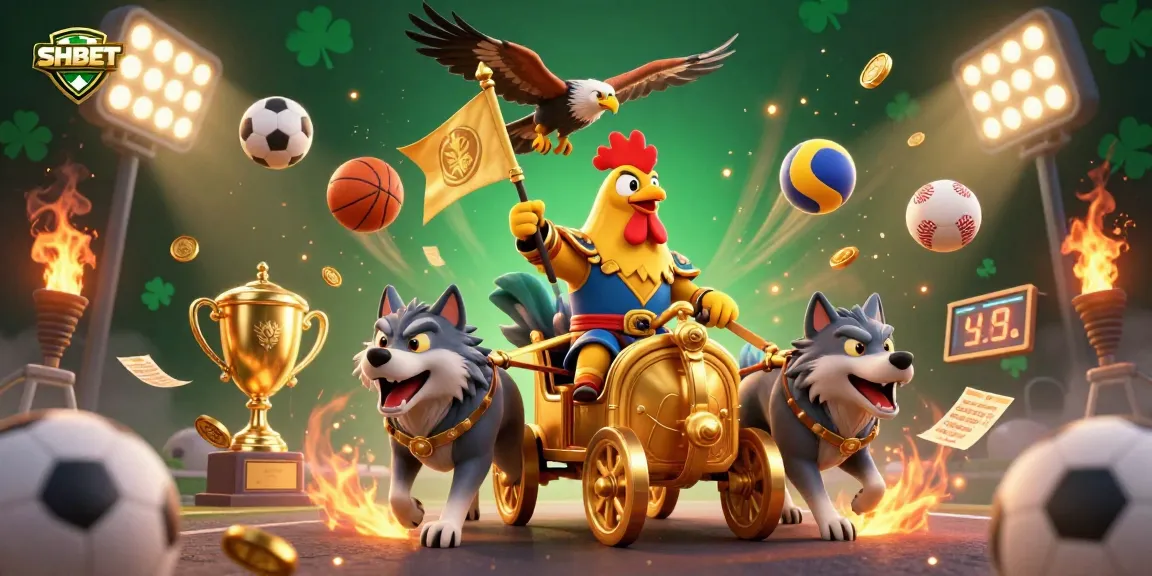 SHBET players dive into excitement betting with a golden warlord and sports elements in a vibrant scene.