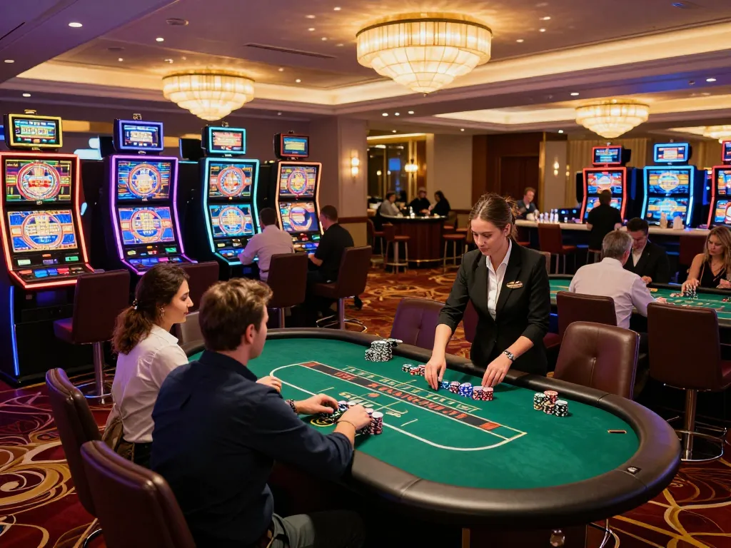 A lively scene at trang chủ 789bet showcasing players at various gaming tables enjoying a thrilling casino atmosphere