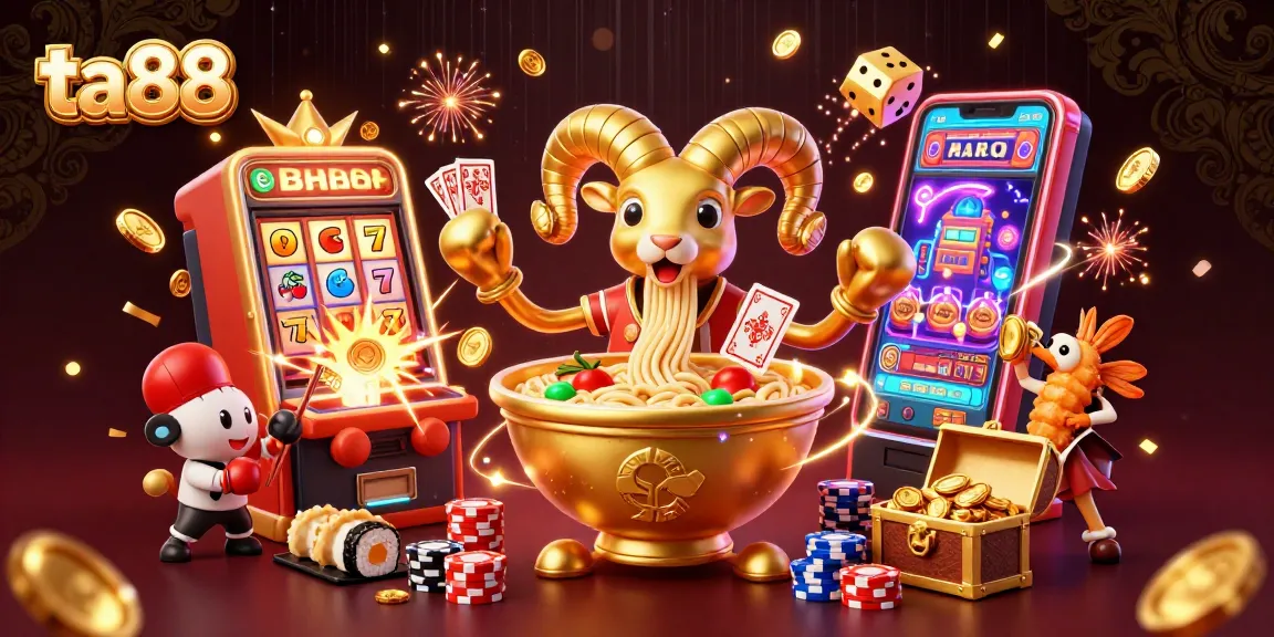 Engage with ta88's vibrant casino scene featuring a golden ramen bowl and dynamic slot machine action.