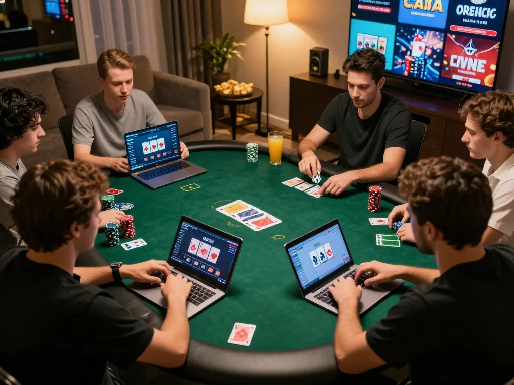 Engaged players participating in online usa casinos poker game at home, focusing on strategy and fun.
