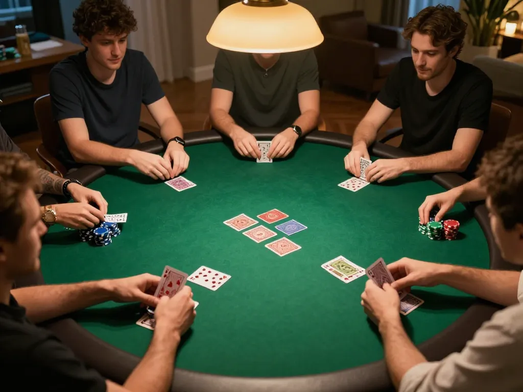 Players engaging in a poker game at home, highlighting sunwin strategies and social interactions during gameplay.