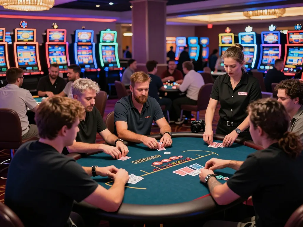 Players strategizing at poker tables while experiencing togel hari ini excitement in a vibrant casino.