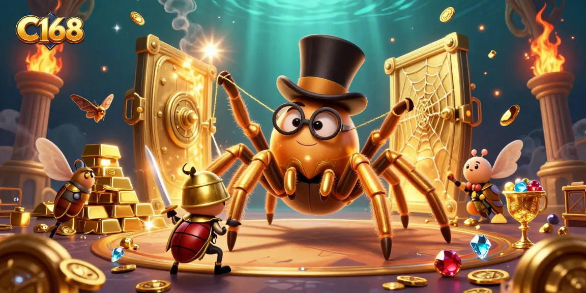 C168 explores a vibrant casino realm as a giant tarantula weaves gold among treasures, captivating players.