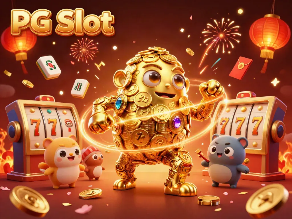 Spin and win with PG Slot, featuring a golden golem surrounded by rich casino elements.
