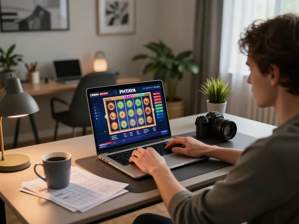 PHTAYA online casino gaming setup showing vibrant slot interface on laptop with strategic notes