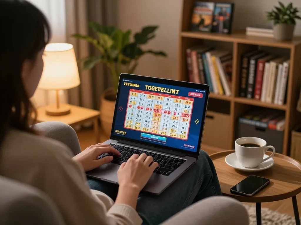 Engaging in togel online from home, viewing live draw on laptop in cozy environment.