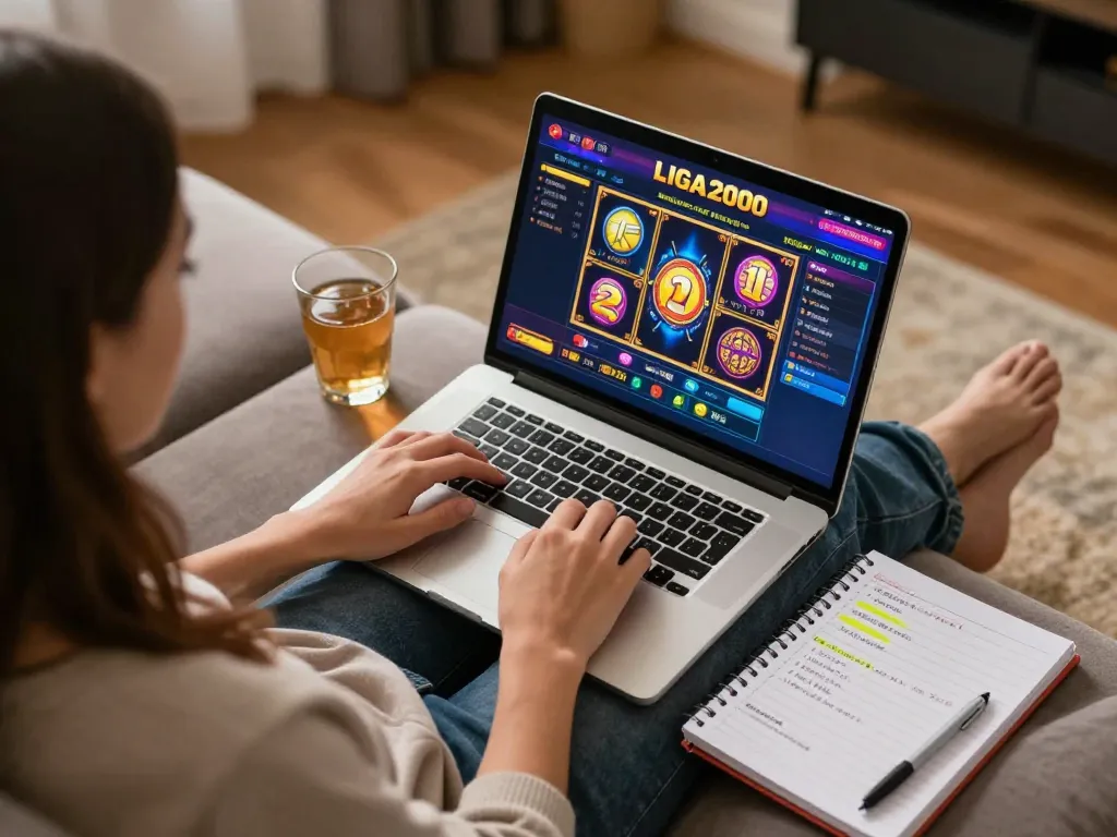 LIGA2000 online gaming session with a laptop displaying casino games, emphasizing strategic play.