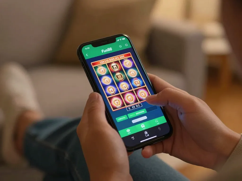 Engaging with Fun88 app on smartphone while enjoying online gaming experience at home