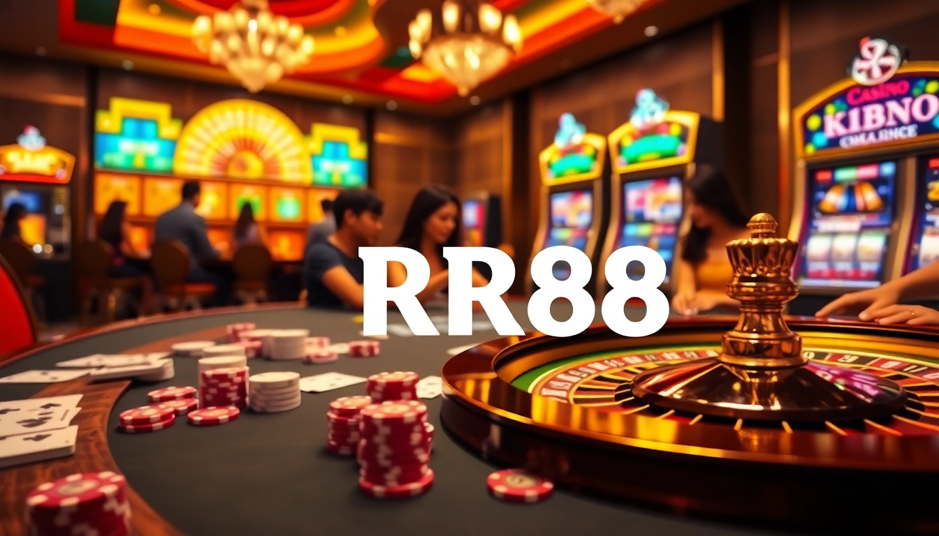 RR88 visitors enjoying a thrilling game at a luxurious poker table with vibrant casino elements.