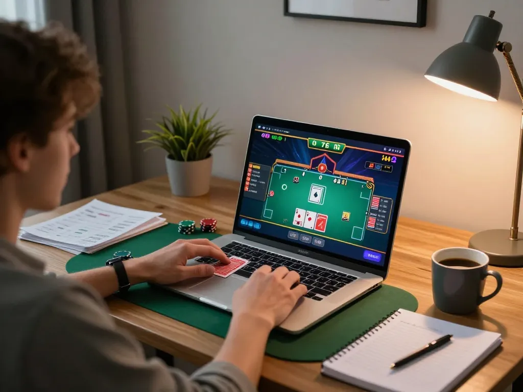 Engaging with nhà cái cm88 in a focused online poker game at home, showcasing a strategic betting environment.