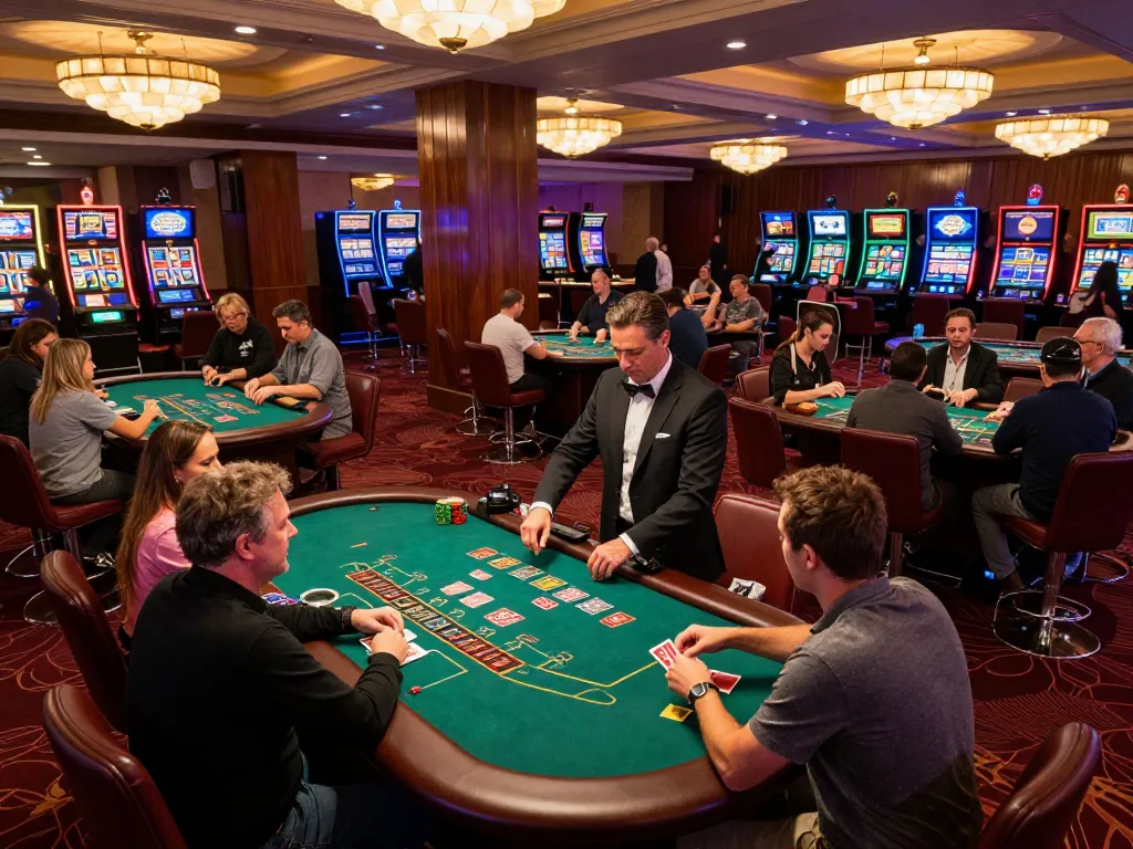 Players enjoying blackjack at VK88 tables under warm lighting in a vibrant casino atmosphere.