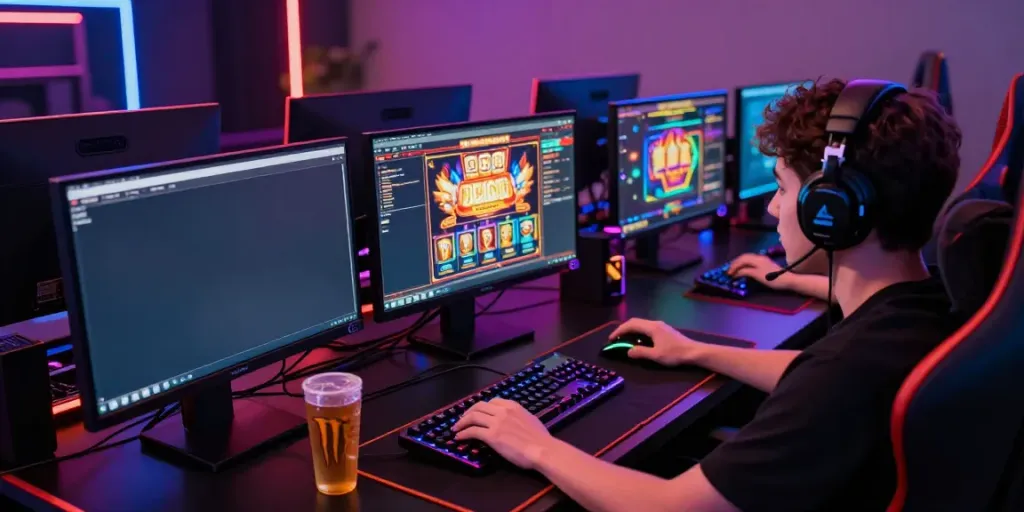 Engaged gamer playing slot gacor thailand with vibrant lighting and multiple screens.