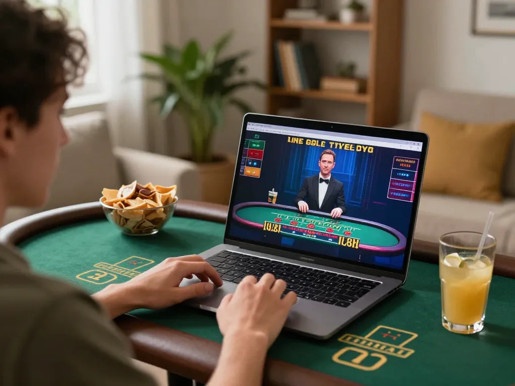 Player enjoying rikvip online casino games on laptop in a cozy home environment.