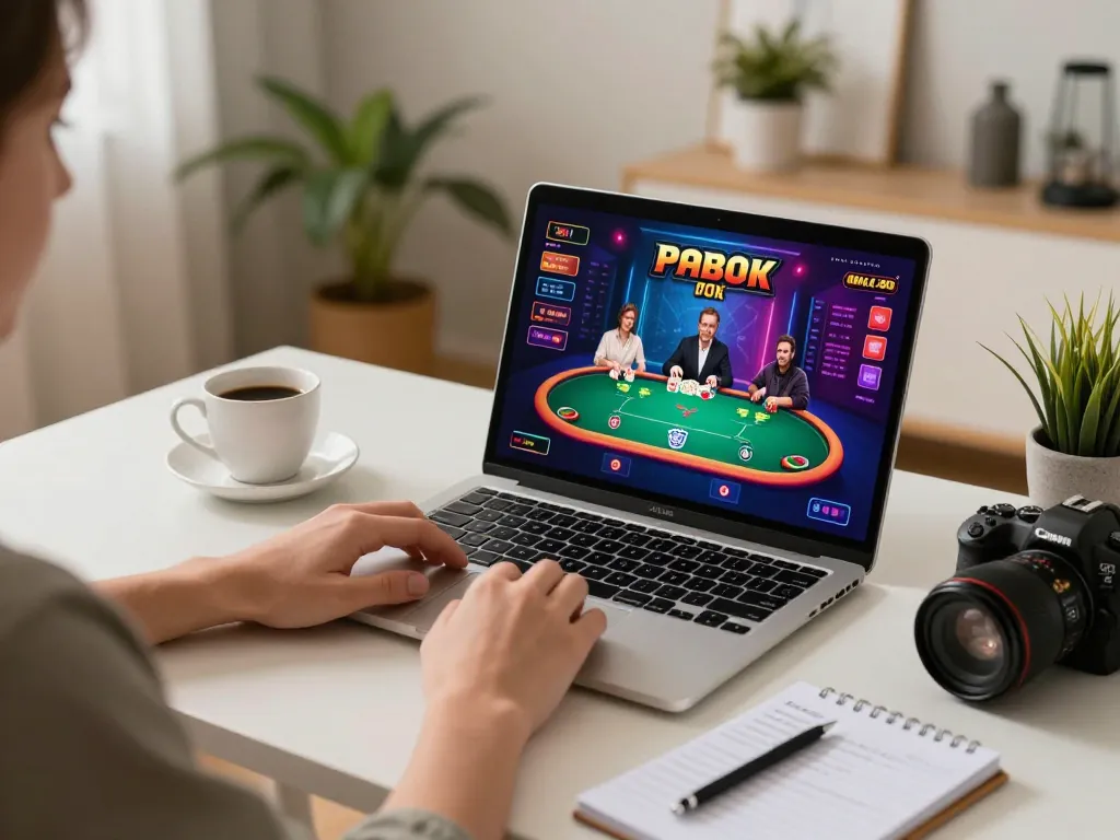 Player enjoying a credit card casino poker game at home with a laptop, warm ambiance and strategy notes