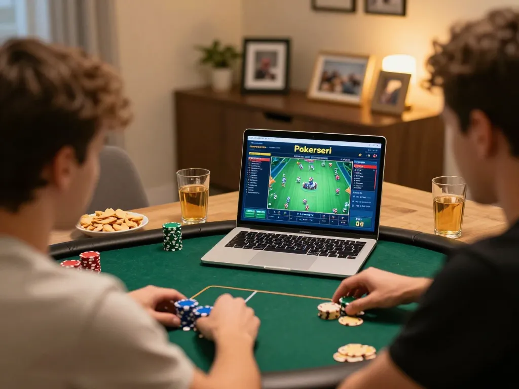 Players strategizing online poker games on Pokerseri interface in a cozy home setting.