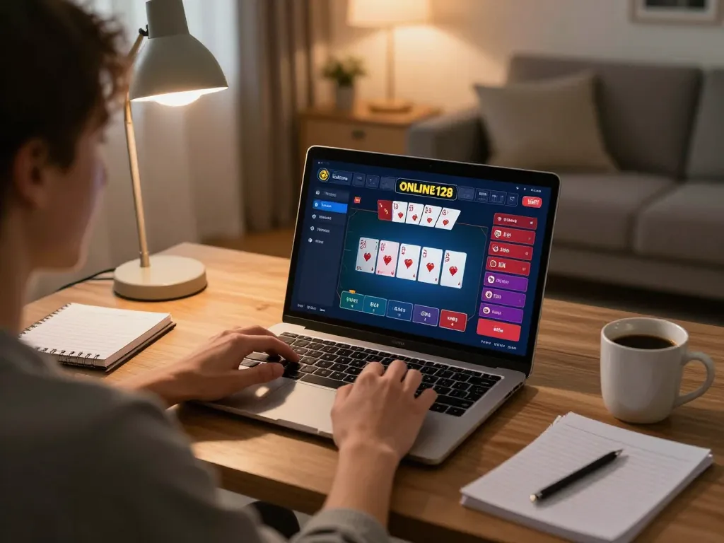 Engaging in ONLINE128 poker gameplay on a laptop in a cozy home setting, highlighting strategic decision-making.