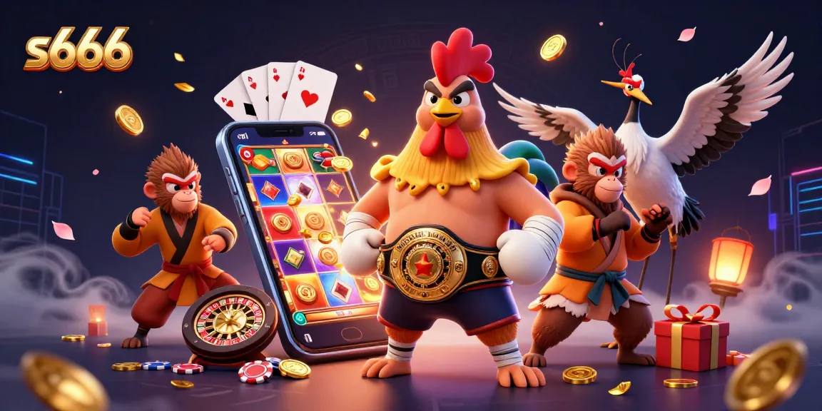 Engage in thrilling play with s666 as a Muay Thai rooster, martial monkey, and crane master entertain around vibrant gaming elements.