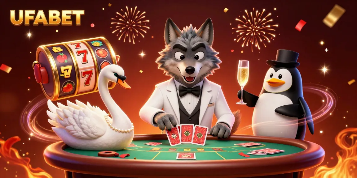 Experience thrilling moments at UFABET with an engaging baccarat game scene featuring a debonair wolf and elegant characters.