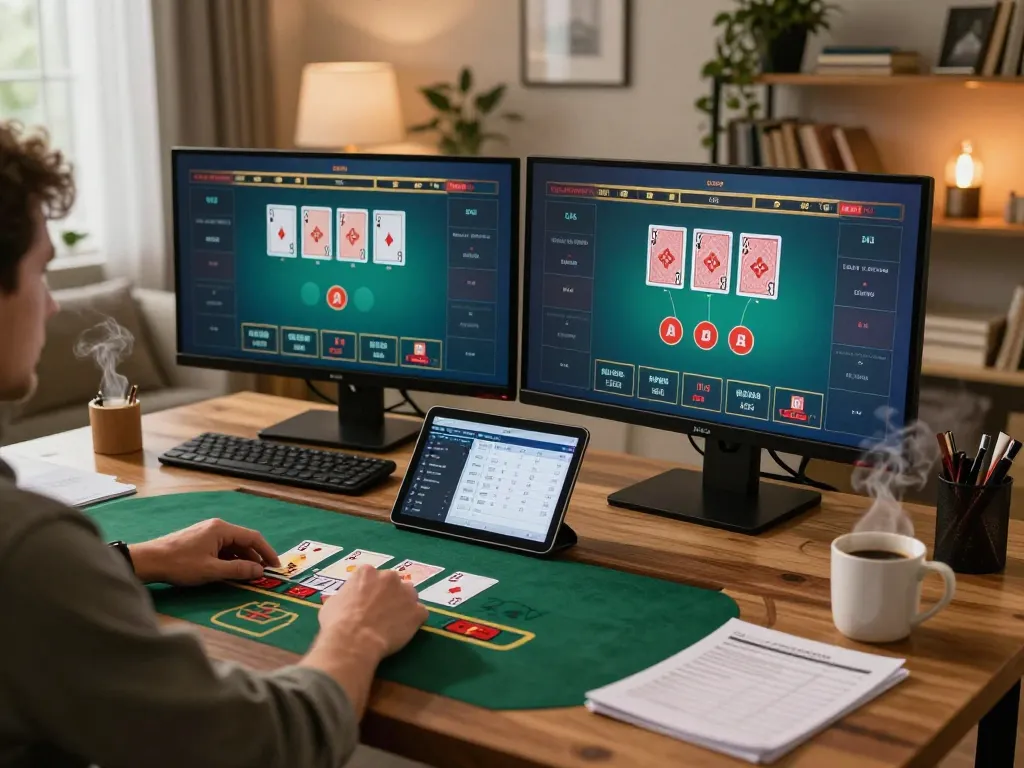 A player enjoys strategic blackjack gameplay on 11-hd through engaging at-home setup.