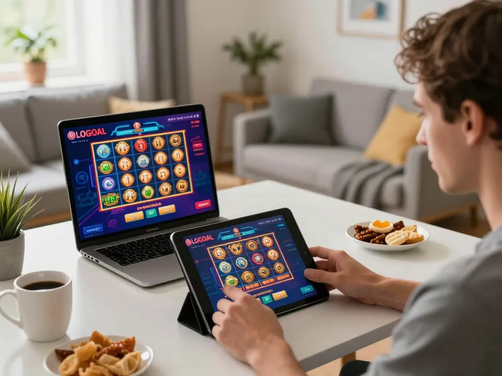 Player engaging with LGOGOAL online casino on tablet in a cozy home office setting