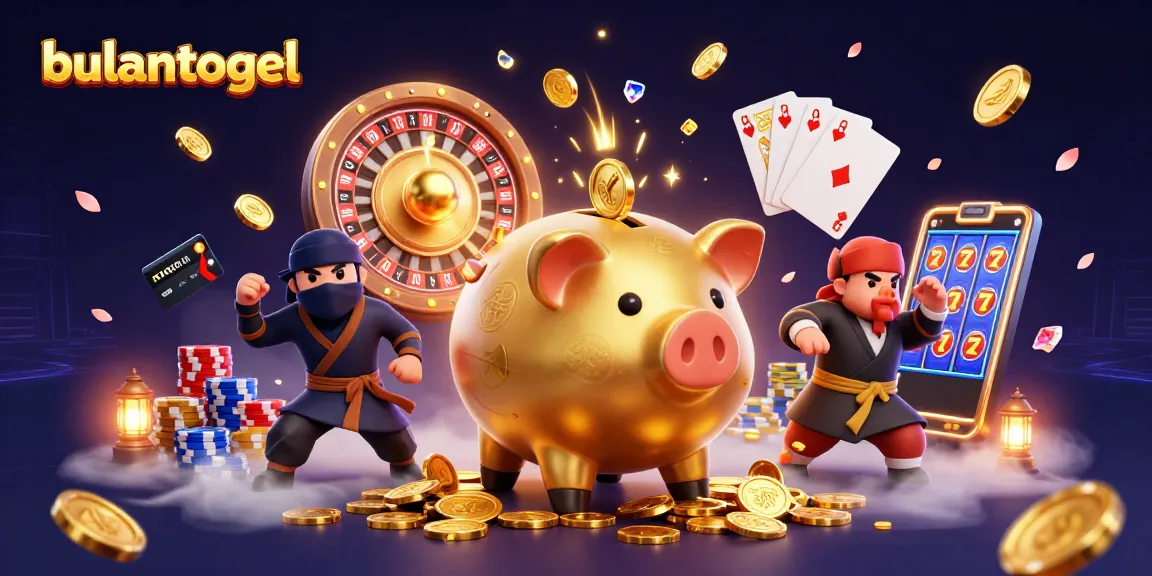 Engage in thrilling gameplay at Bulantogel with a dynamic scene featuring a golden piggy bank wrestler, wallet-ninja, and samurai referee.