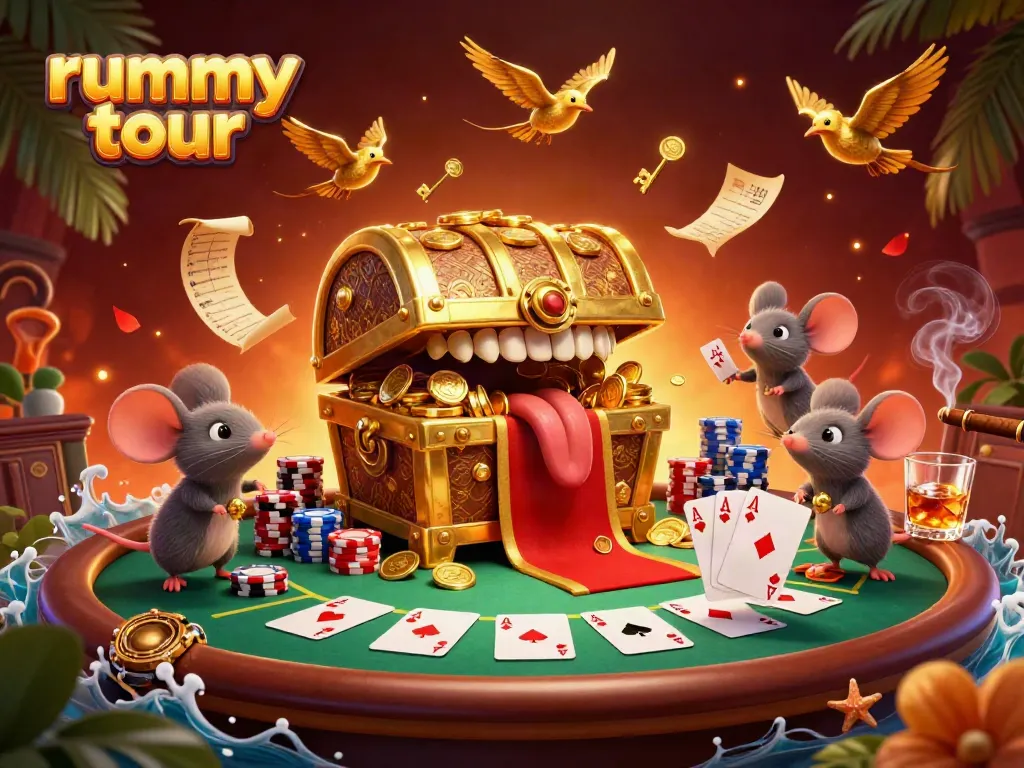 Rummy tour menawarkan pengalaman kaya dengan tumpukan chip poker dan karakter ceria yang menggoda pemain.
