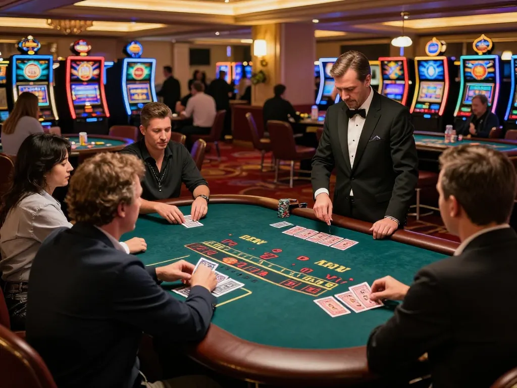 Engaged players placing bets and strategizing at nhà cái 888VI blackjack table in vibrant casino