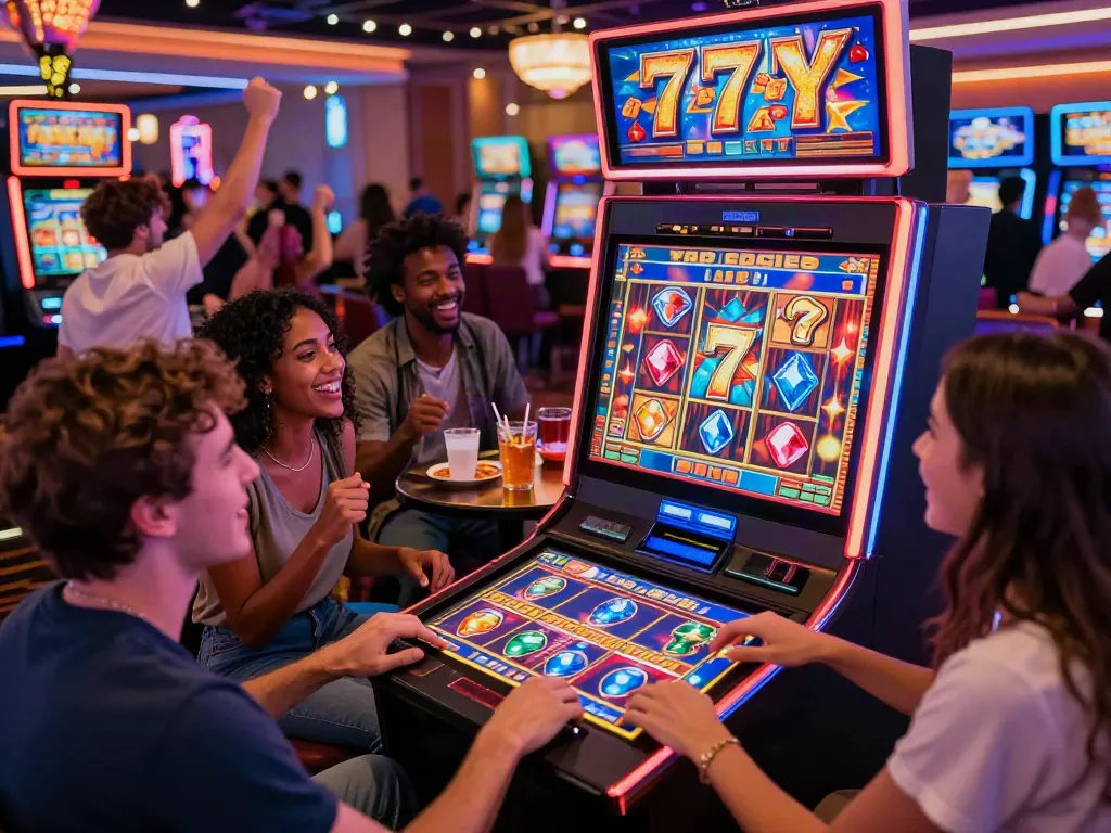Lucky777 casino scene with friends celebrating at a vibrant slot machine.