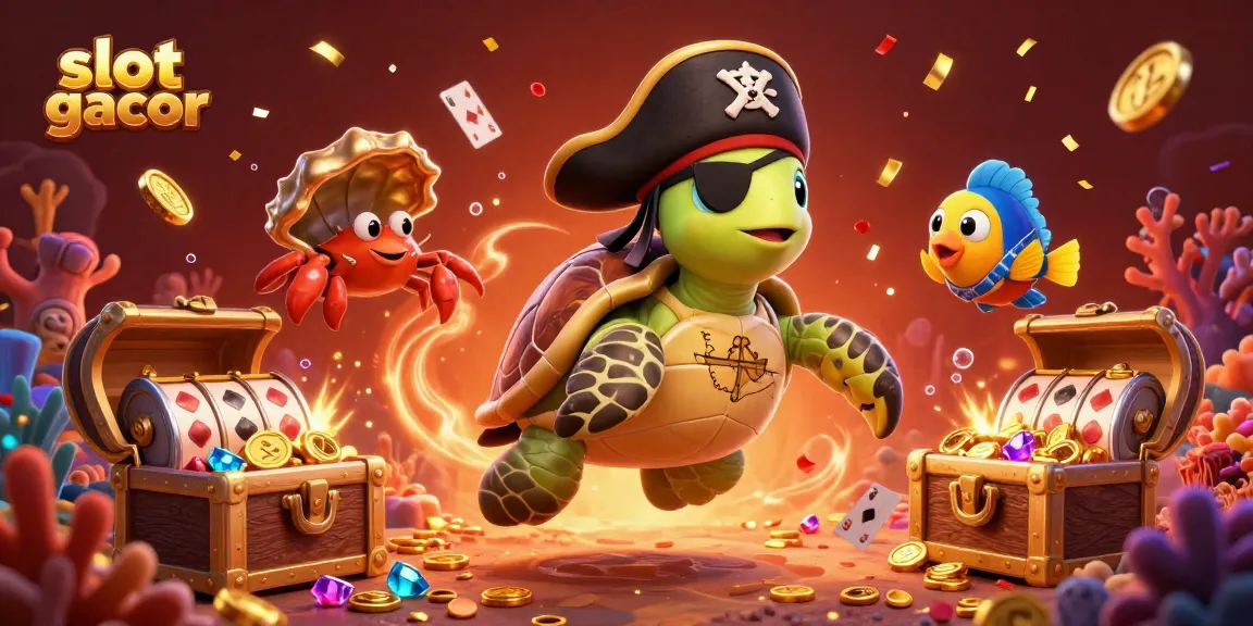 Engaging slot gacor scene with a pirate turtle and treasures illustrating vibrant casino excitement.