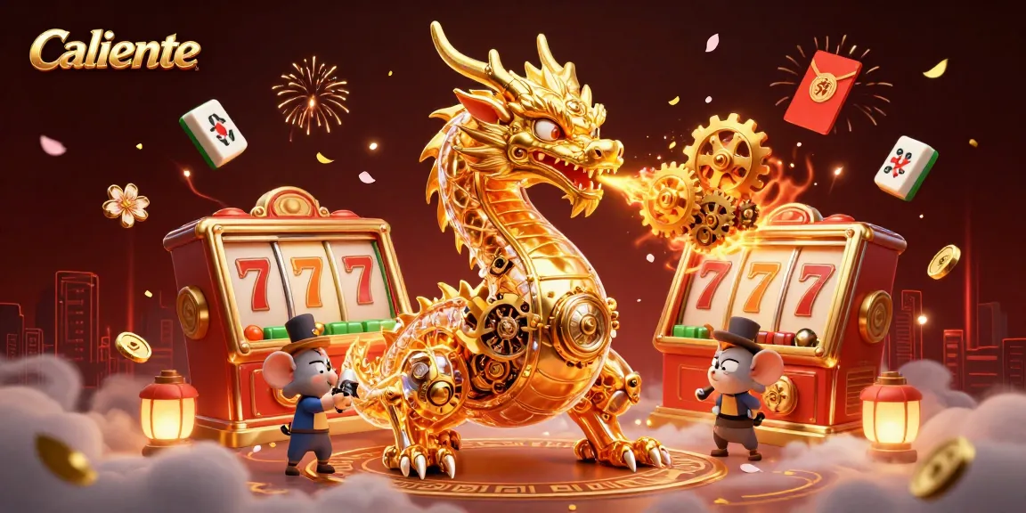 Experience a thrilling game at Caliente with a golden dragon and vibrant slot elements.