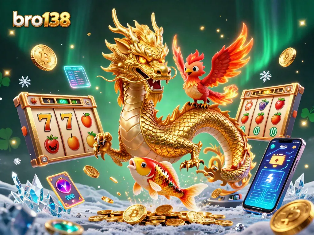 Spin to win with bro138's vibrant casino scene featuring a golden dragon and neon coins.