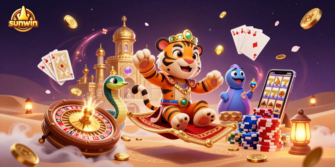 Win big at sunwin with a vibrant 3D casino scene showcasing an Arabian-themed sultan and treasures.