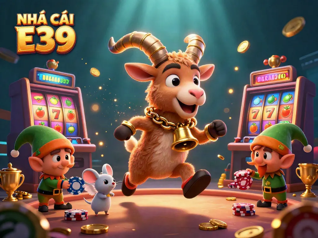 Engage with NHÀ CÁI E39 in a festive casino scene featuring a playful Krampus goat, angel mouse, and elf gremlins.