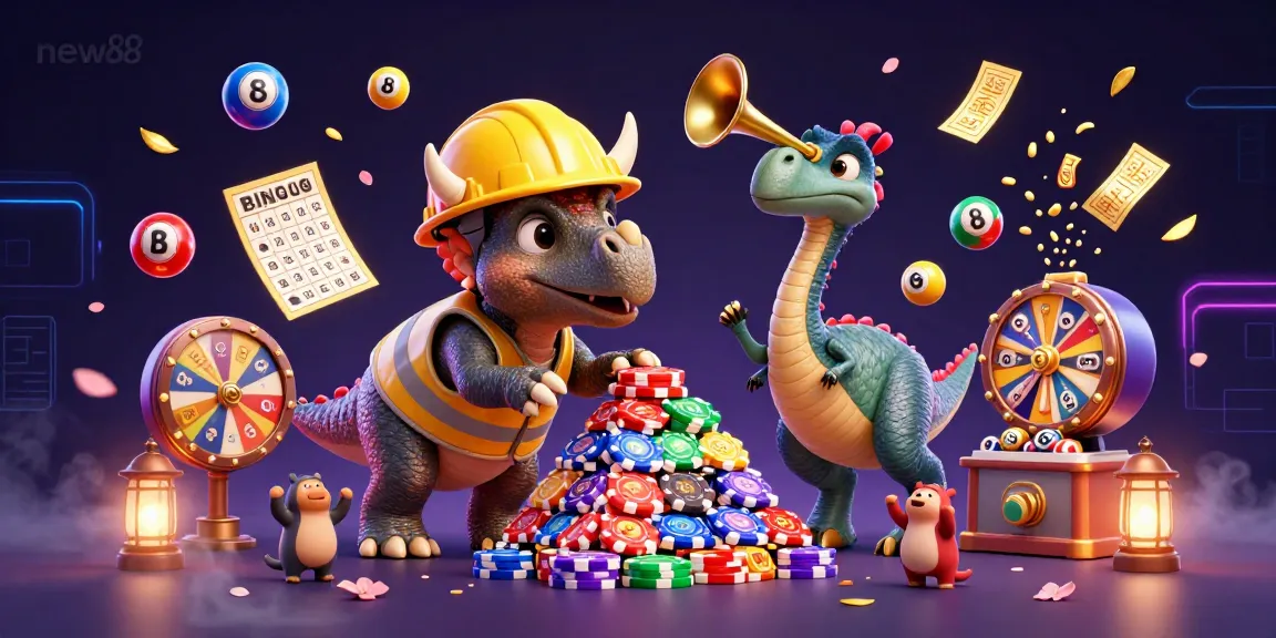 Celebrate big wins at new88 with a dynamic scene of casino excitement, featuring joyous characters and vibrant gaming elements.